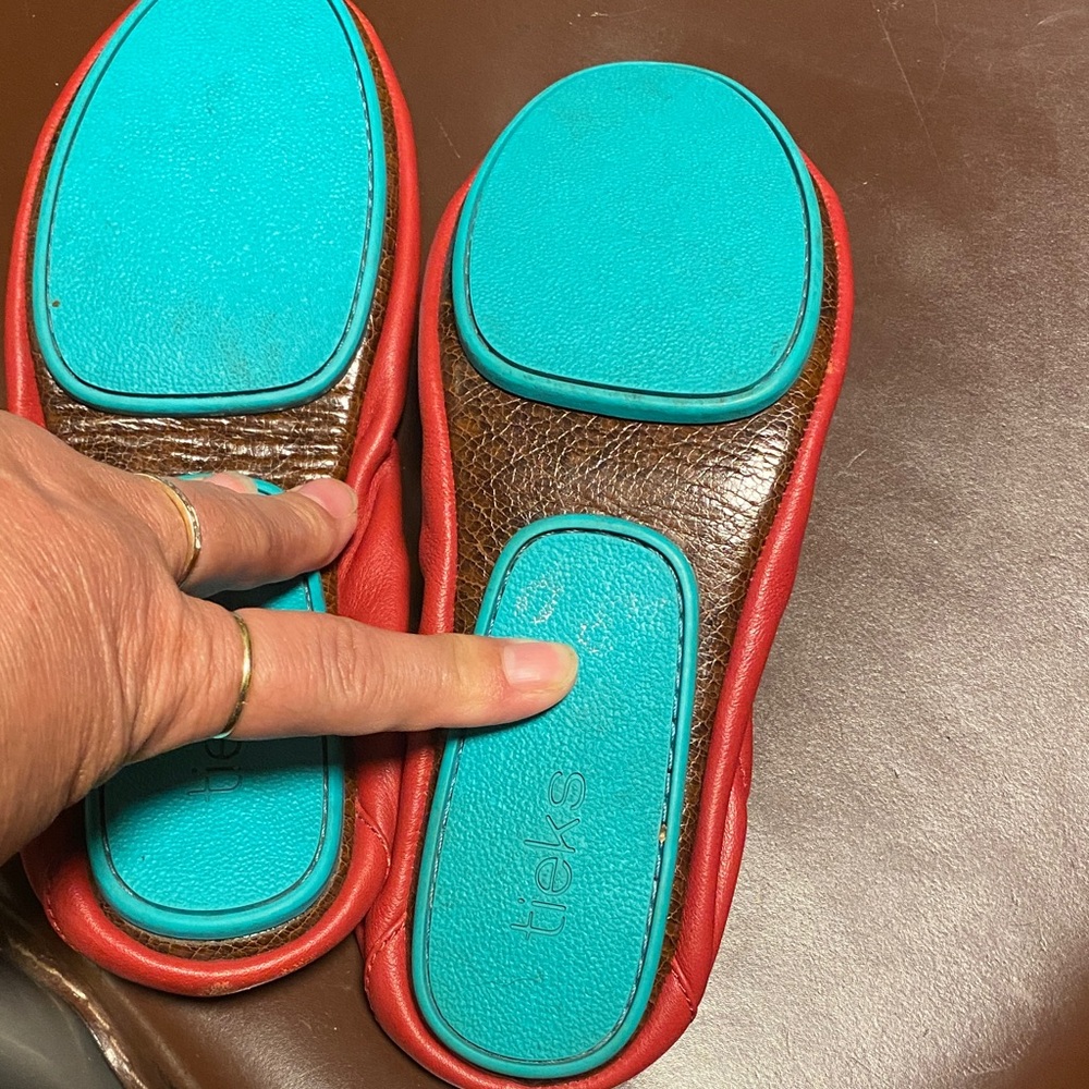 Tieks Vibrant Red Slippers with Teal Detail - Picture 4 of 5